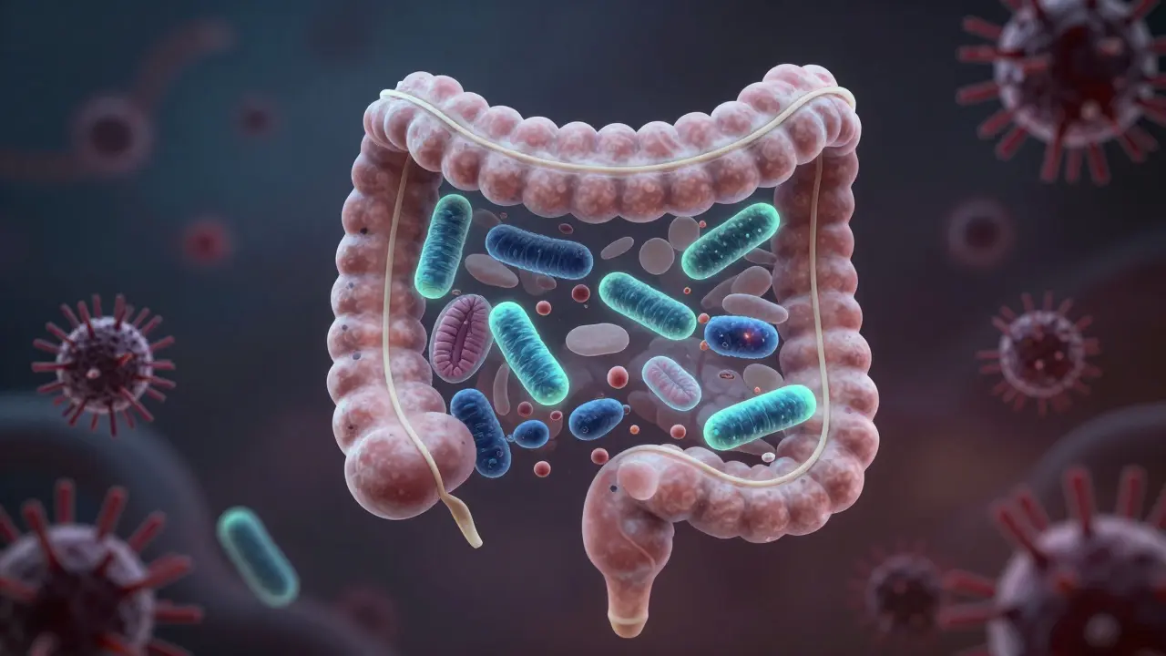 Zdravé střevo s jasně viditelnými prospěšnými bakteriemi a odstupujícími škodlivými mikroby.