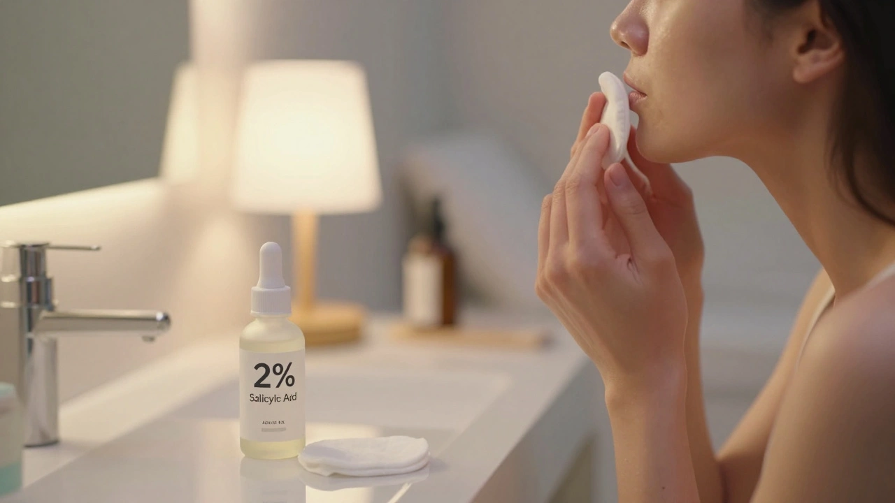 Žena aplikuje salicylovou kyselinu na obličej večer, vedle ní jemný čistič a hydratační krém.