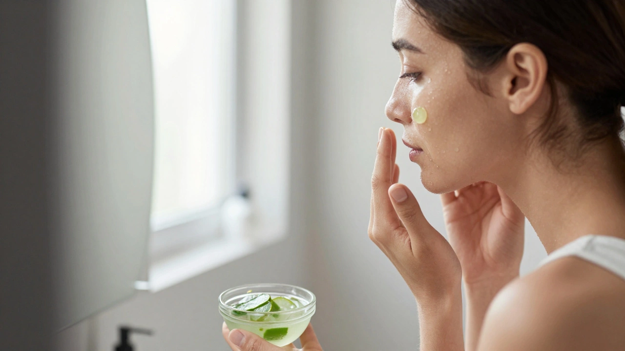 Žena aplikující gel aloe vera na obličej s jemným zábleskem vlhkosti na kůži.