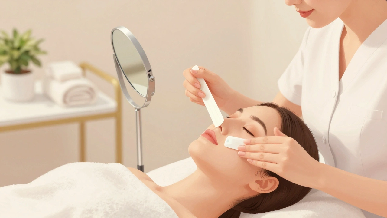 Žena dostává voskování nad rty v klidném kosmetickém salónu.