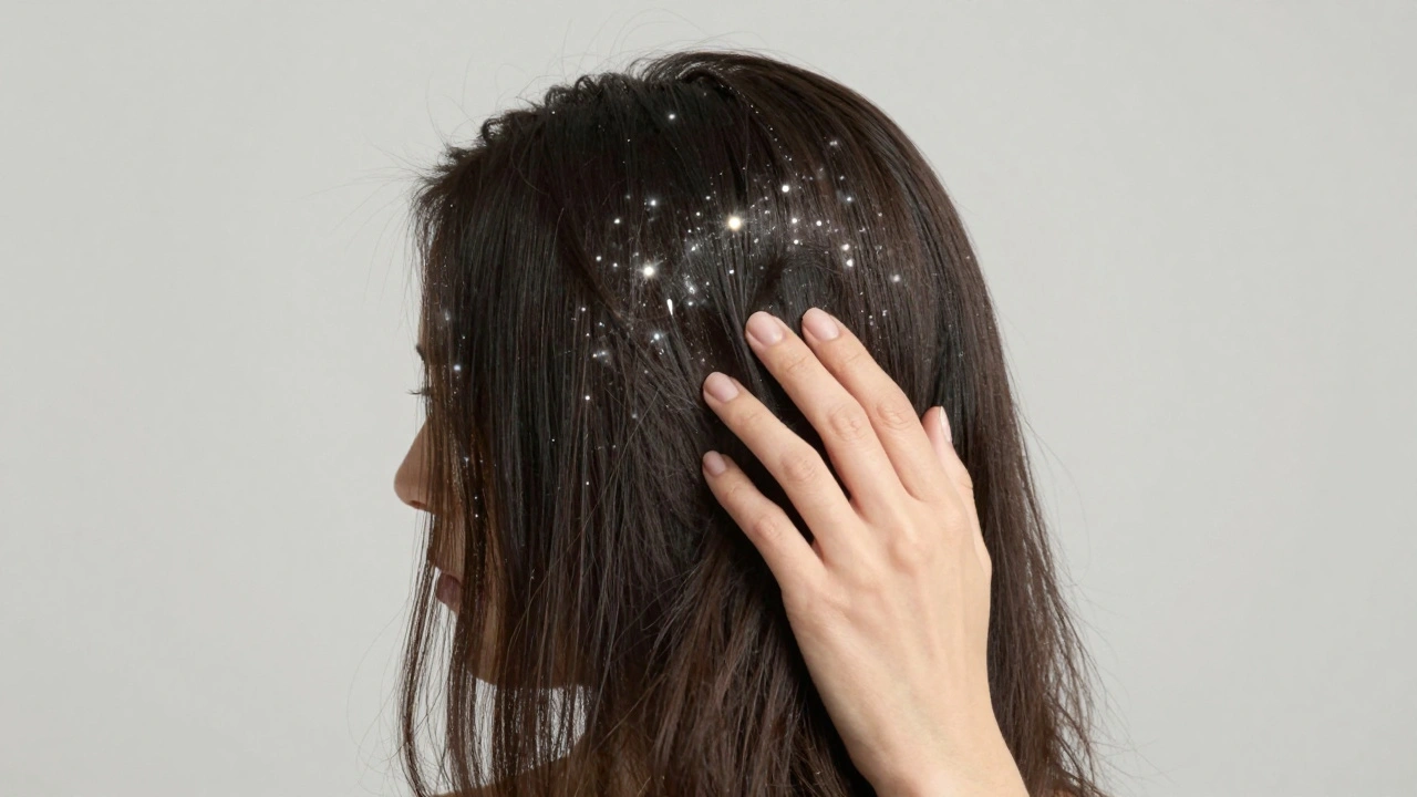 Žena hladí vlasy, kolem hlavy plavou jemné zářící částečky představující ochrannou vrstvu.