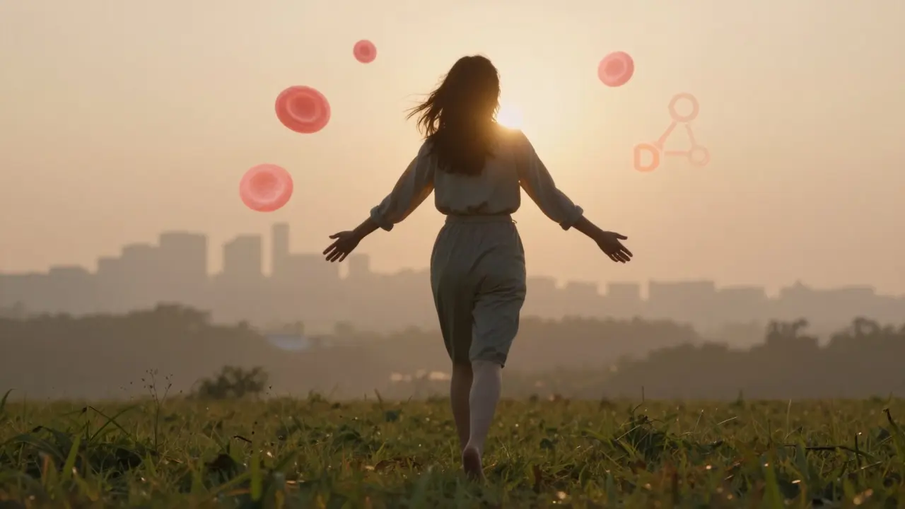 Žena na trávníku v ranním slunci, kolem ní plavou průhledné ikony vitamínů a minerálů.