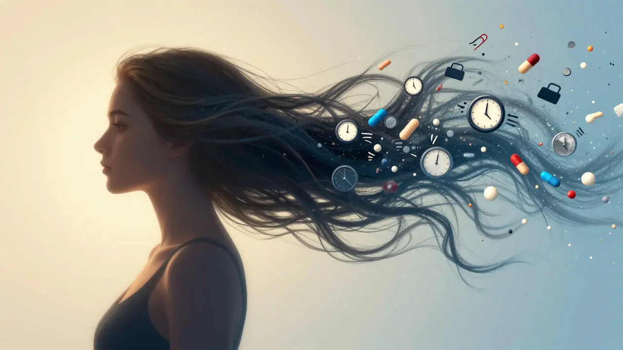 Žena s vlasy, které se mění v symboly stresu a chybějících živin, polovina zdravá, polovina rozptylená.