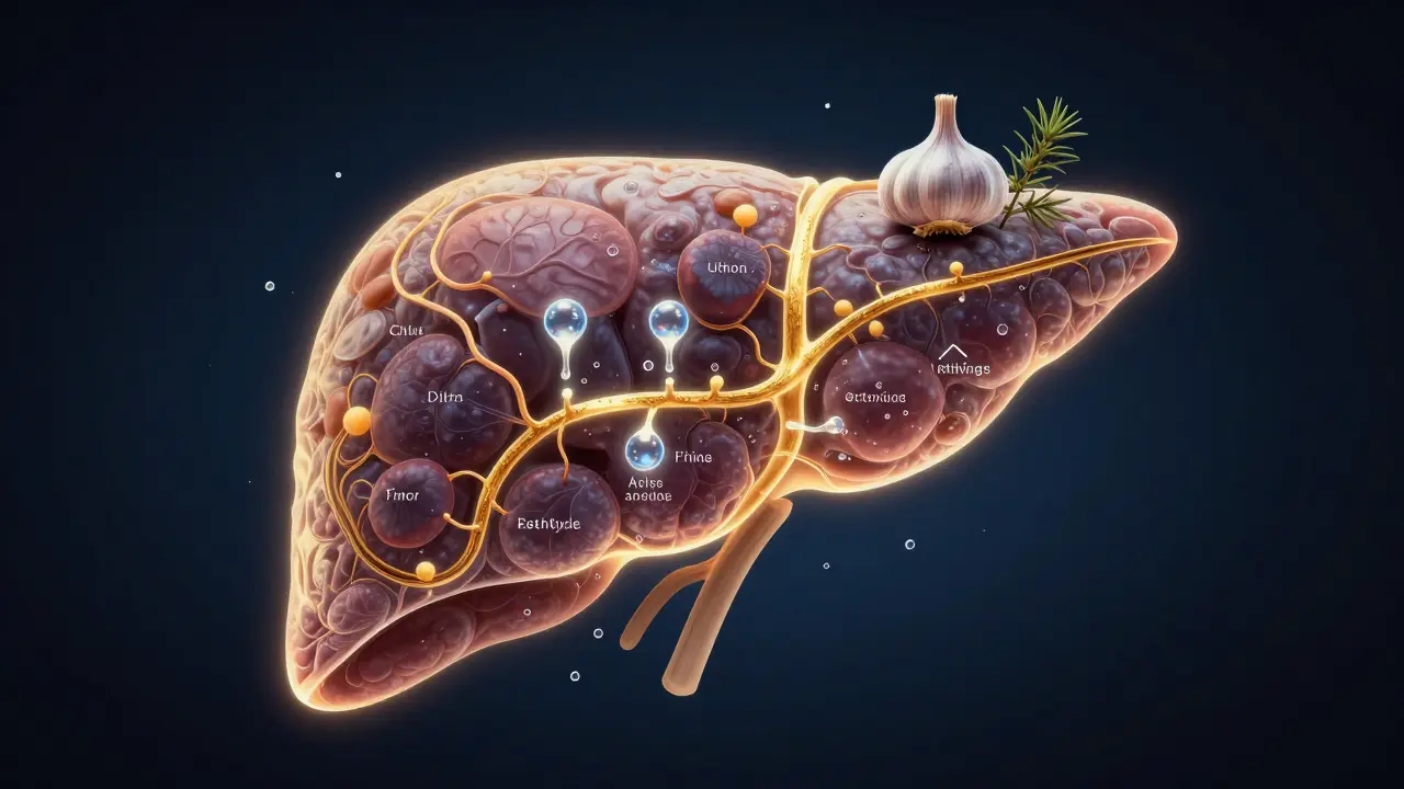 Abstraktní ilustrace játra s detoxikačními cestami a přírodními látkami jako česnek a kozlík.
