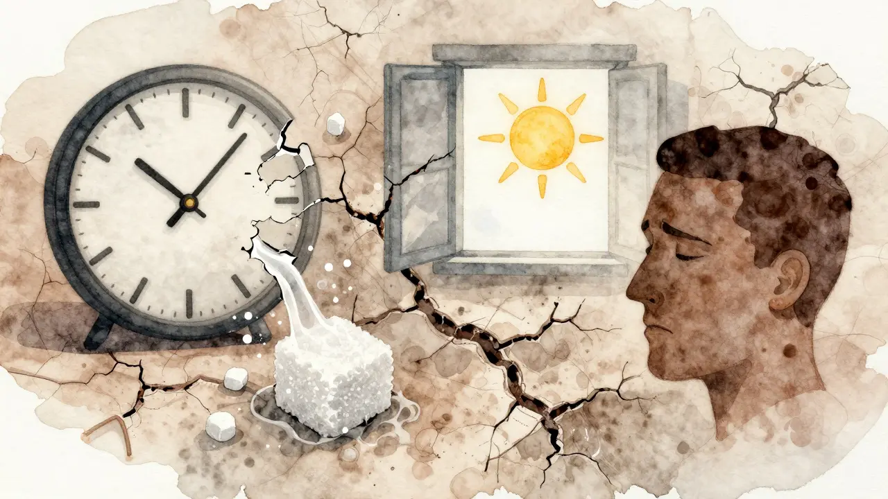 Abstraktní ilustrace poškozené pokožky s symboly stresu, cukru a slunce.