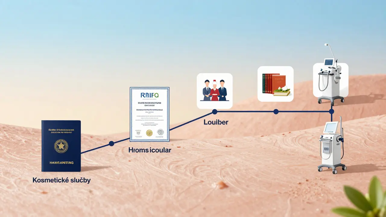 Cesta kosmetičky od střední školy k pokračujícímu vzdělávání a certifikacím.