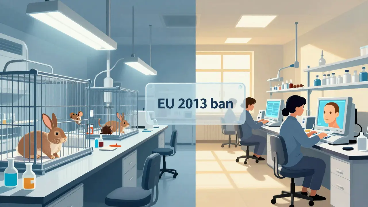 Dvě scény: laboratoř s testováním na zvířatech vlevo a moderní výroba bez testů vpravo.