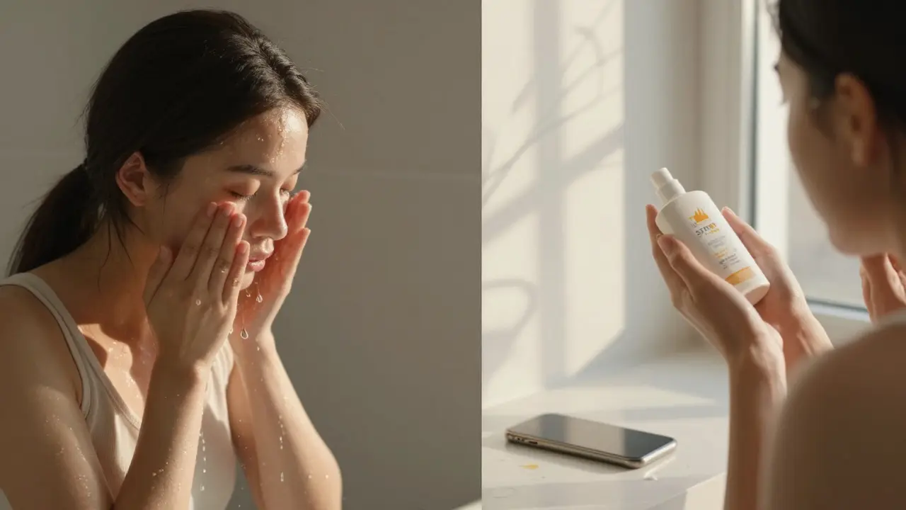 Dvě scény: ráno čištění vodou a večer aplikace SPF krému na obličej.