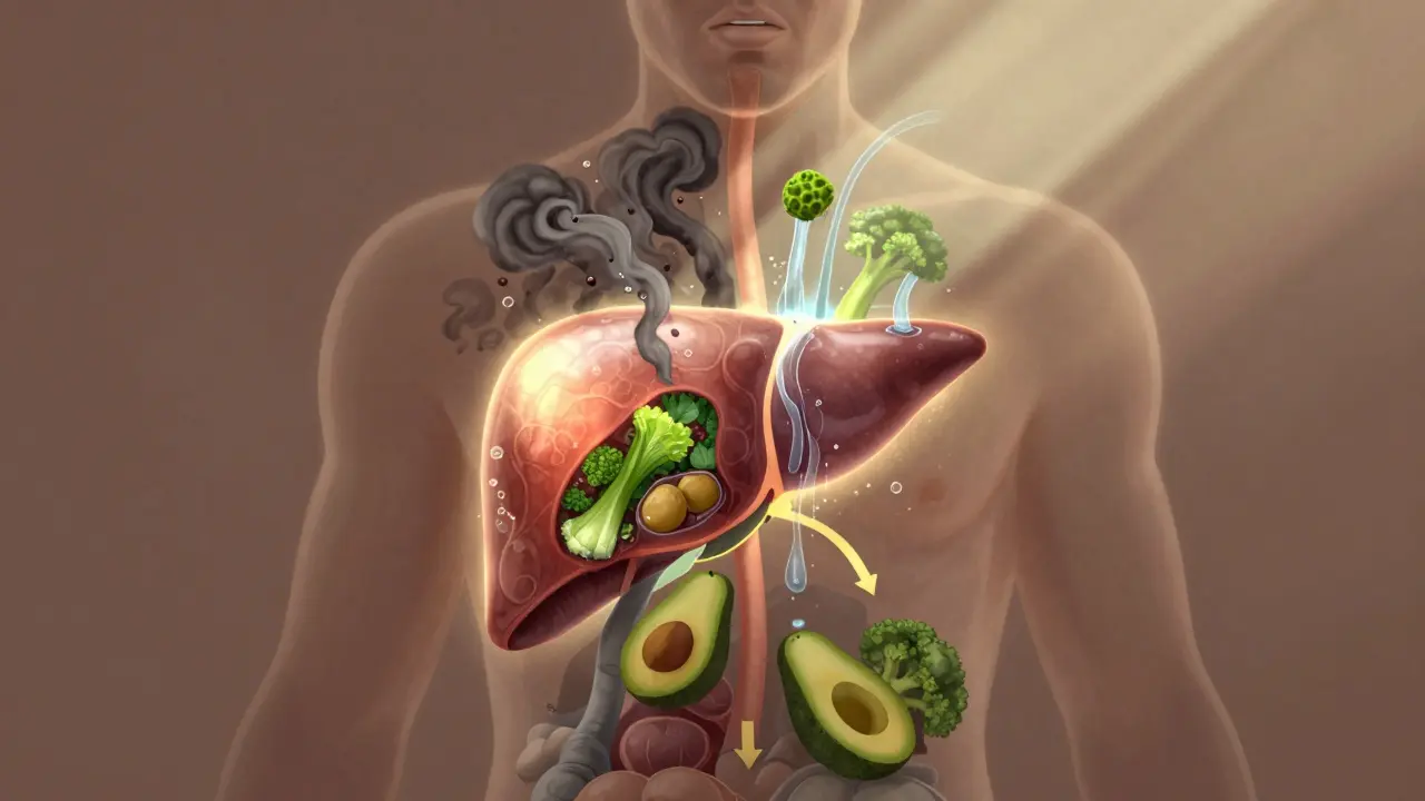 Glowing játra čištěna vodou, zeleninou a slunečním světlem, symbolizující detoxikaci.