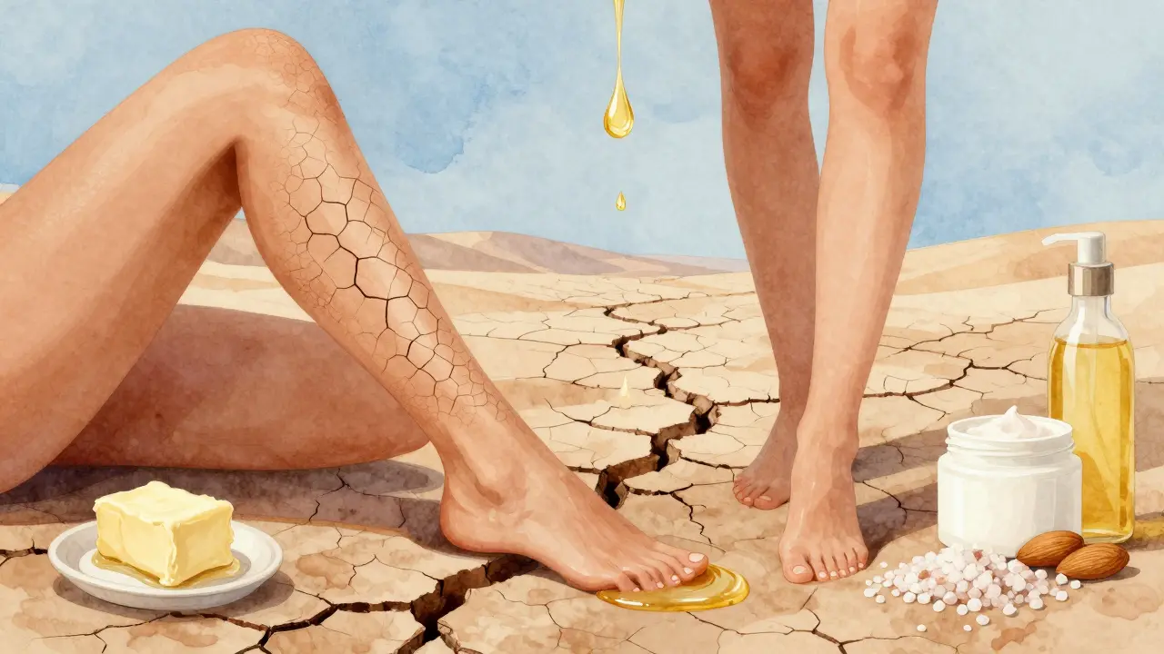 Kontrast mezi suchou, šupinatou kůží a hydratovanou kůží po péči s přírodními oleji.