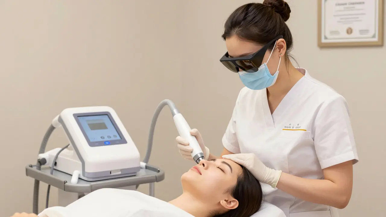 Kosmetička provádí laserovou depilaci v čistém salónu s ochrannými brýlemi.