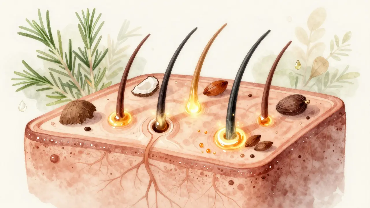 Křížový řez pokožky hlavy s aktivovanými vlasovými folikuly a proudem krve podporovaným přírodními oleji.