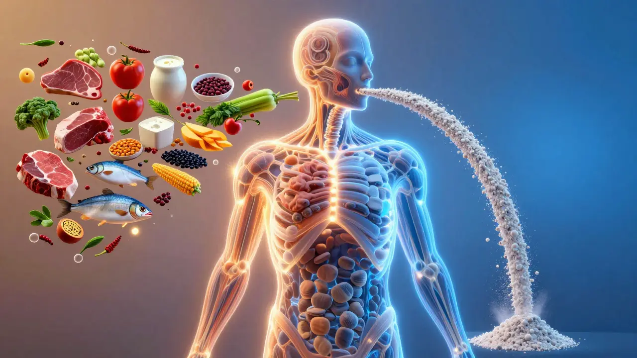  lidské tělo s aminokyselinami napájenými z celozrnných potravin na jedné straně a práškem BCAA na druhé.