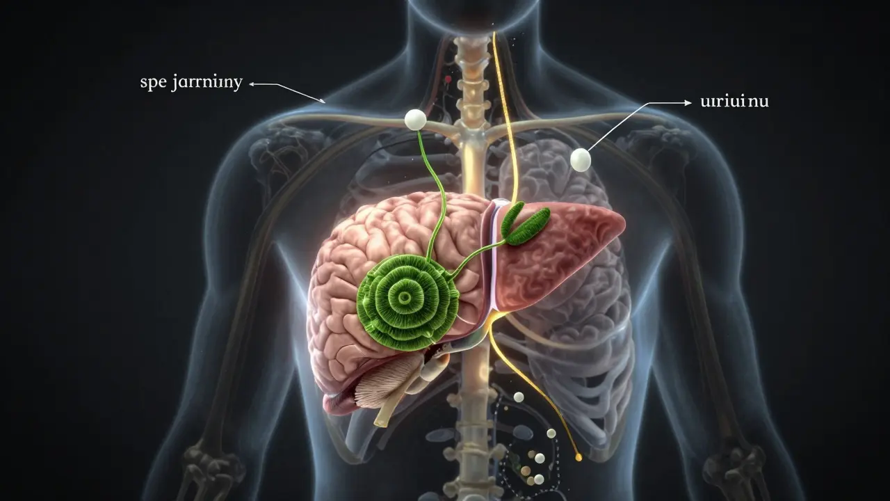 Lidské tělo s přirozenými látkami odstraňujícími těžké kovy z orgánů ve stylu umělecké ilustrace.
