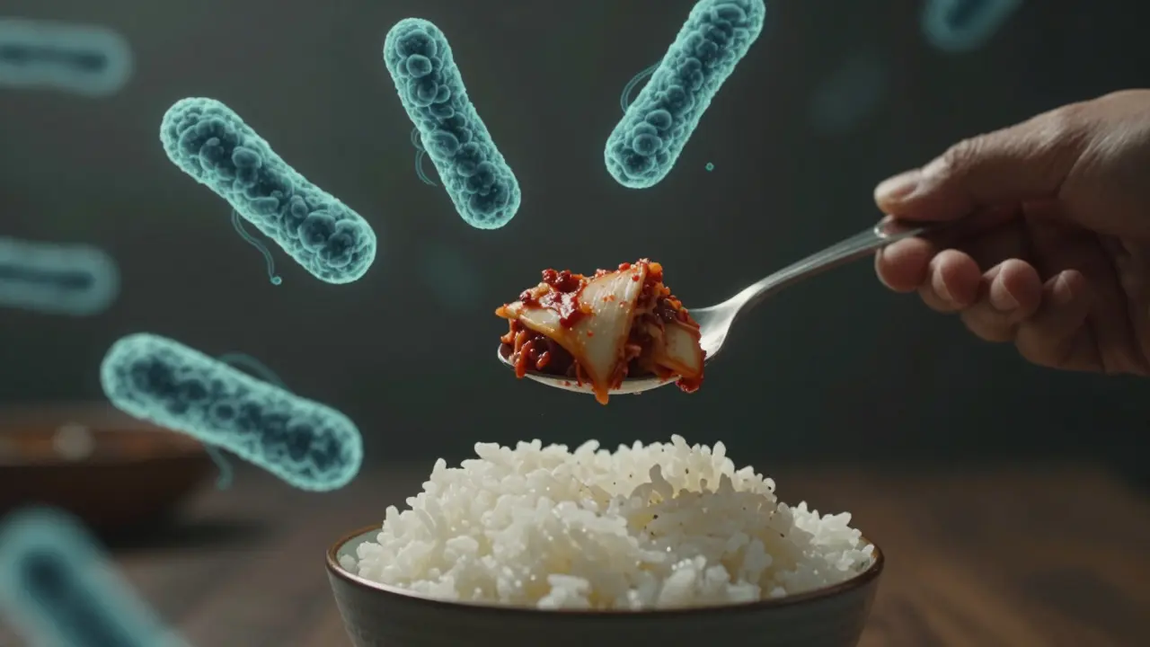 Lžíce kimchi na rýži s přehledem probiotických bakterií v prostředí.