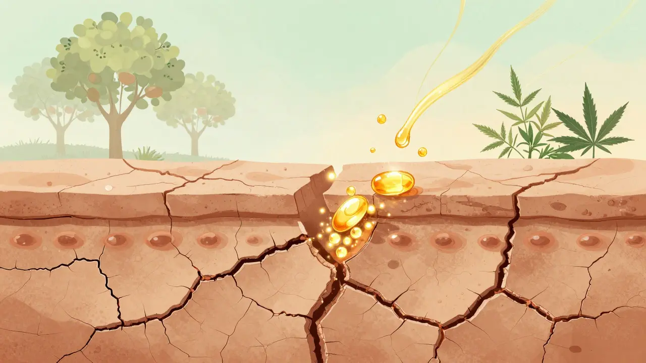 Metaforická ilustrace obnovy pokožky pomocí rostlinných olejů.