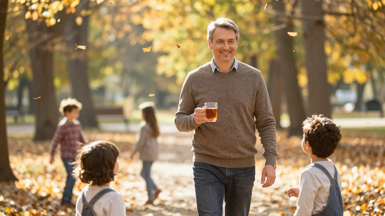 Muž v padesáti letech si sedí v parku s vnoučaty, pije čaj a užívá si slunečného dne.