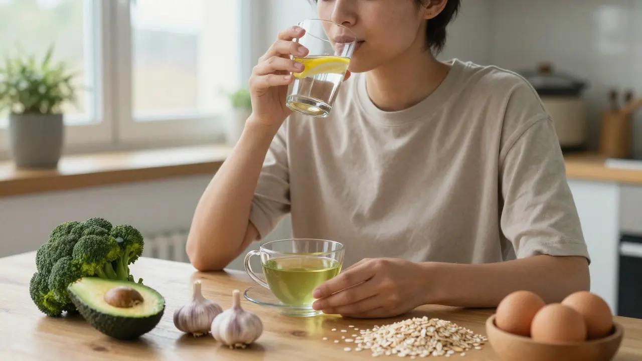 Osoba pije vodu s citronem a zelený čaj u kuchyňského stolu s výživnými potravinami.