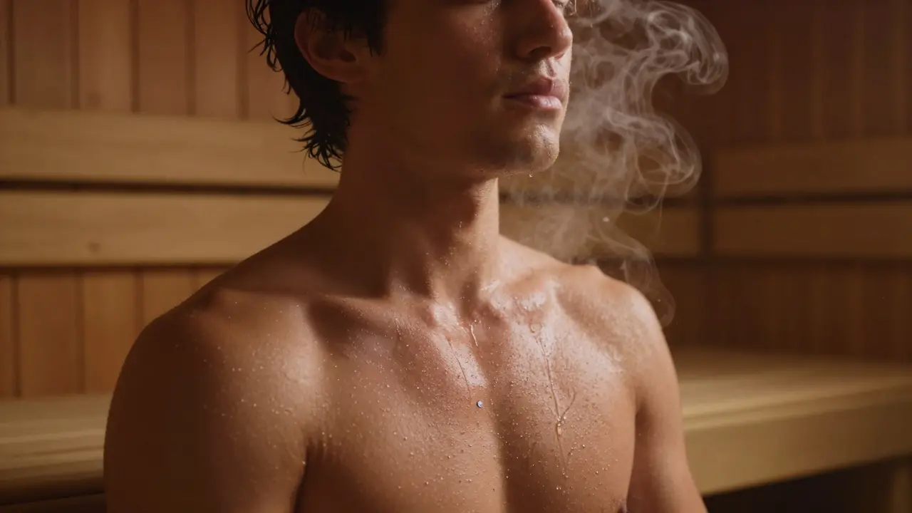 Osoba v sauně, kde z její pokožky vycházejí kovové částice jako jemné jiskry ve výparu.