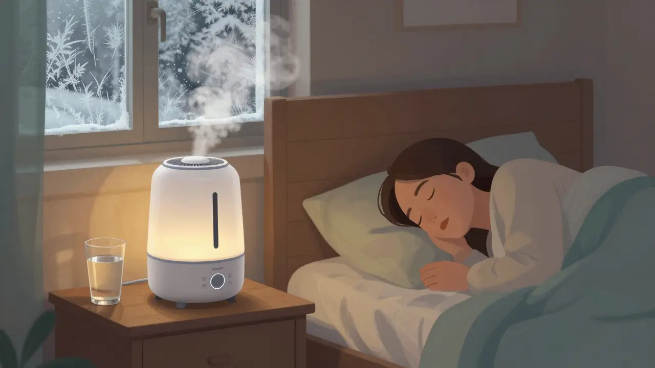 Pokožka v klidné ložnici s vlhčičem vzduchu a sklenicí vody.