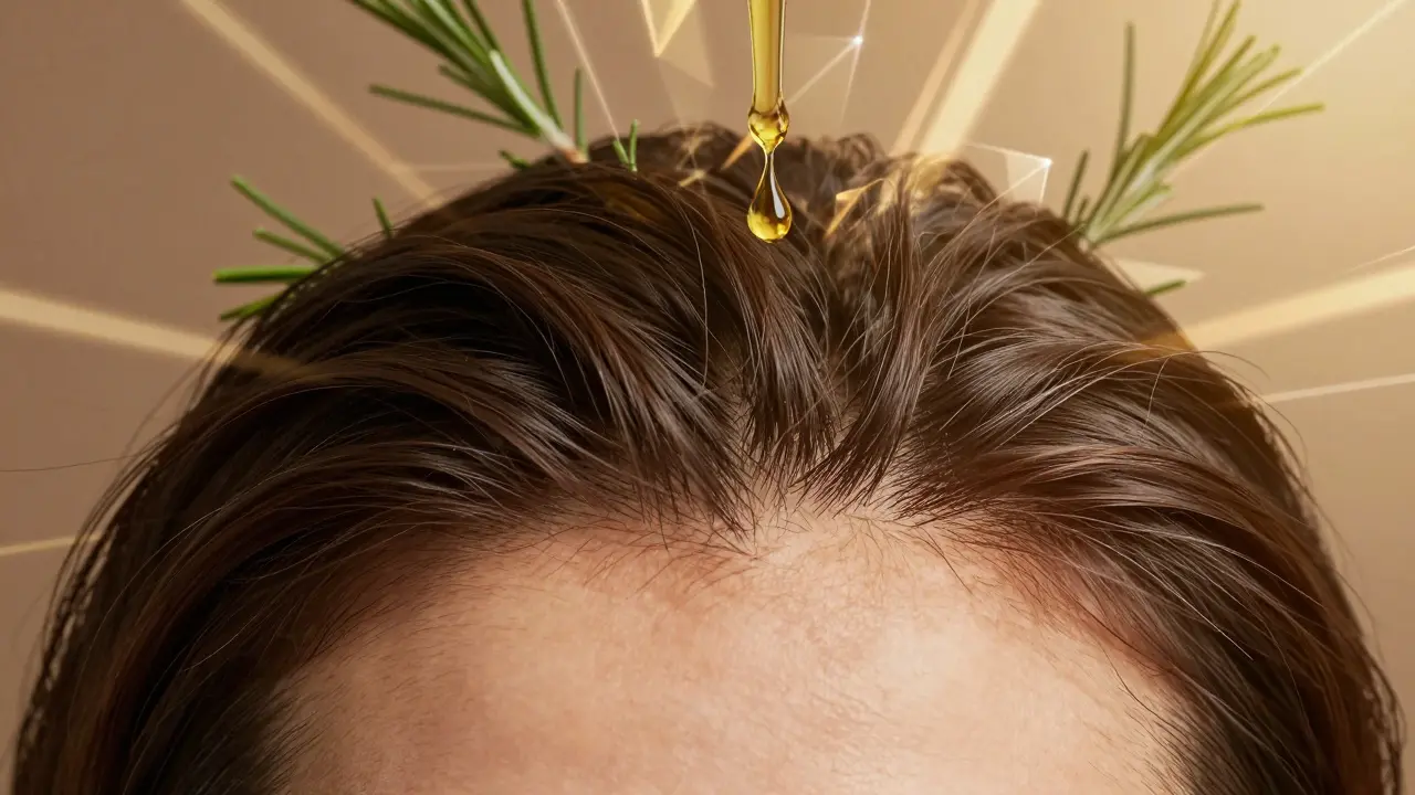 Přechod suché, odlupující se pokožky hlavy na zdravou, živou kůži s nově rostoucími vlasy.