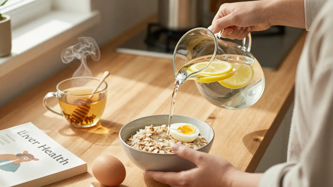 Příprava domácího elektrolytového nápoje v kuchyni s citronem, medem a solí.