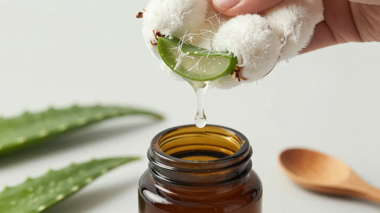 Průhledný gel z aloe vera se filtruje skrz bavlněnou látku do tmavé skleněné lahvičky.