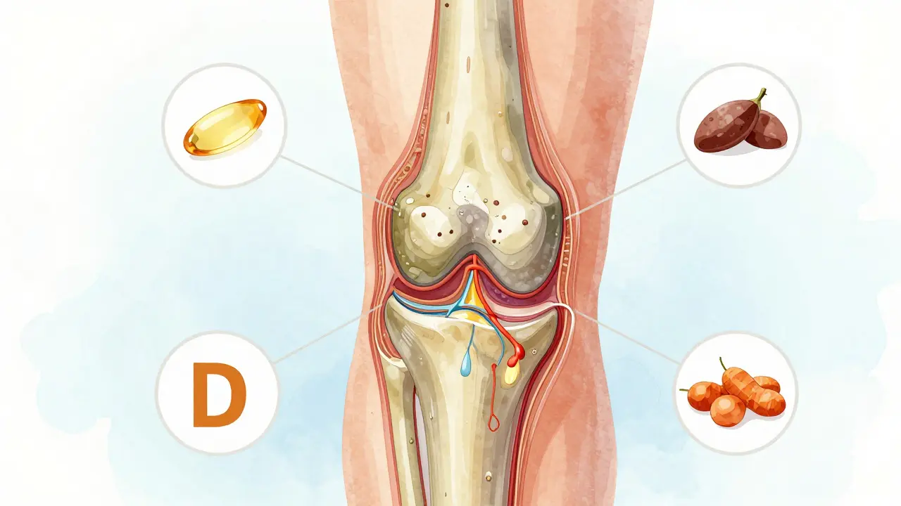 Průřez kloubu s regenerující chrupavkou a živinami jako kolagen, omega-3 a vitamín D.