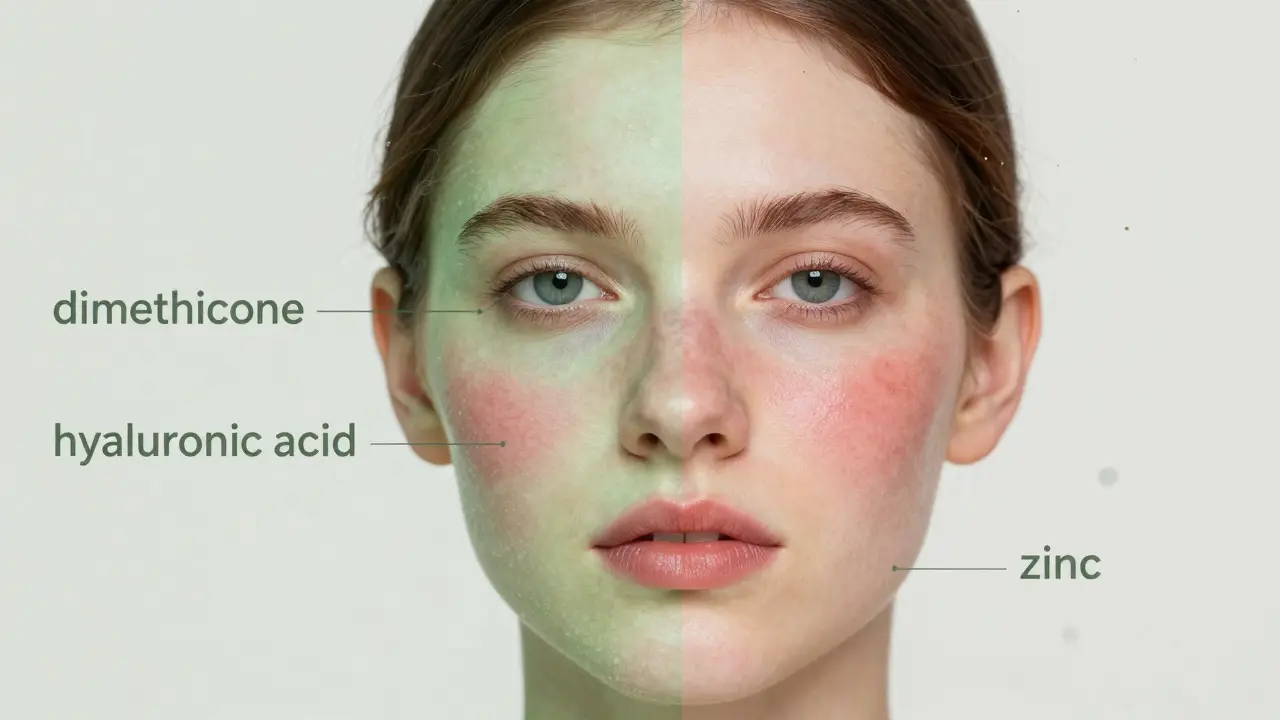 Rozdělený obličej: jedna polovina s zeleným primerem neutralizujícím červenání, druhá polovina s přirozenou pokožkou a rosaceou.