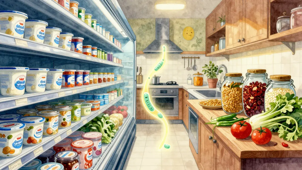 Rozdělený obraz: sterilní obchodní potraviny vs. živé kvašené potraviny doma.