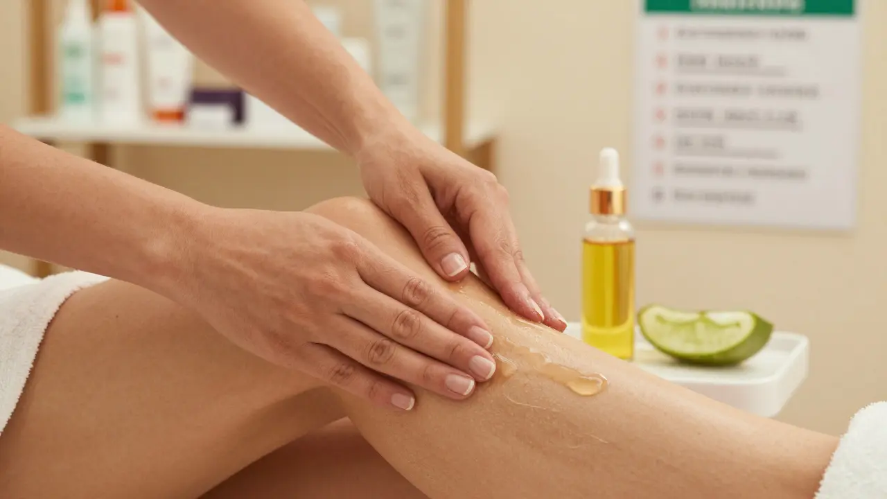 Ruce kosmetičky aplikují jemný peeling na suchou kůži nohy s přírodními oleji na pozadí.