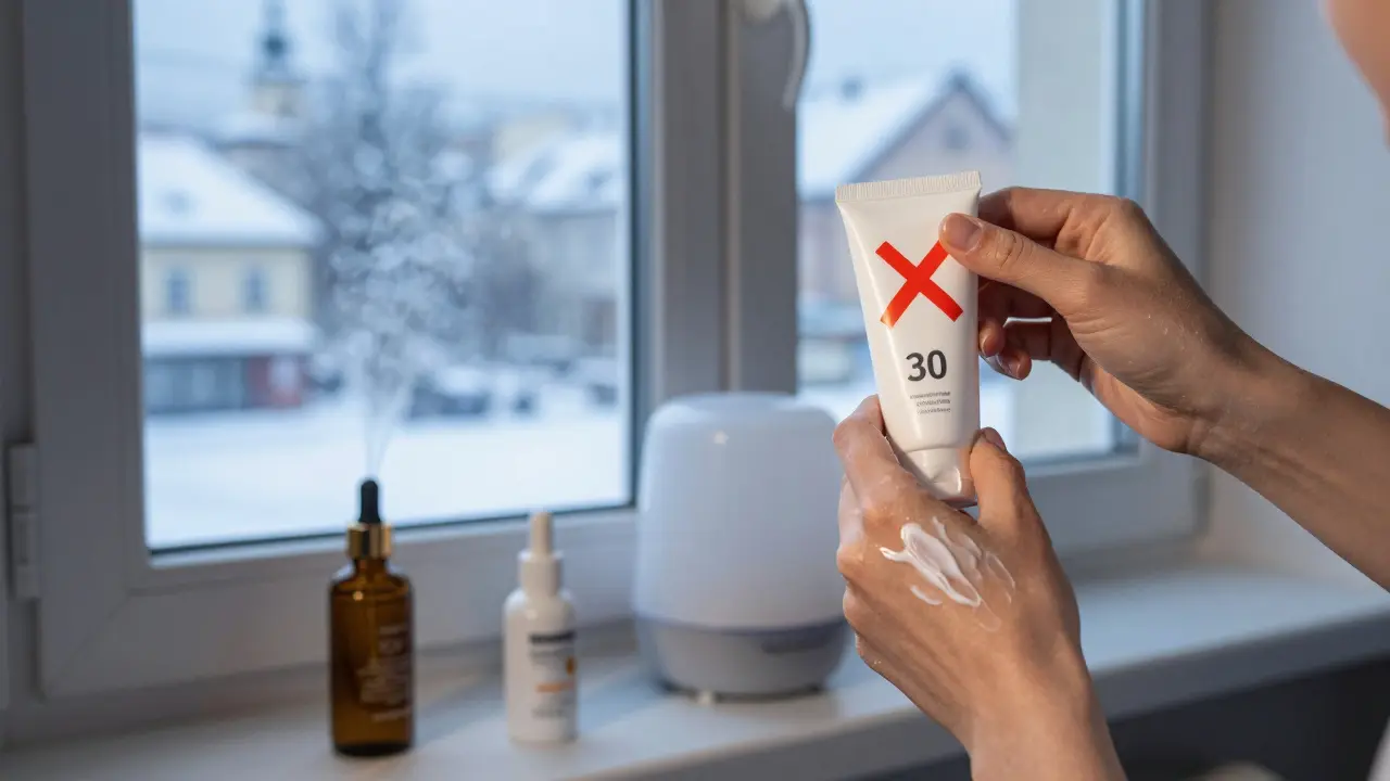 Ruka aplikuje denní sluneční filtr na tvář při zimním světle z okna.