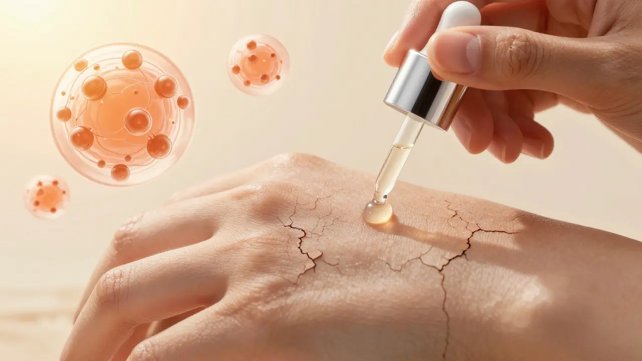 Ruka aplikuje hydratační primer na suchou pokožku s jemnými šupinkami, viditelně plnící jemné čáry.