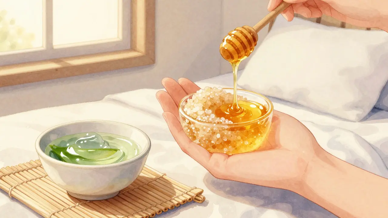 Ruka drží jemný cukrový peeling s medem a olivovým olejem na keramické míse.