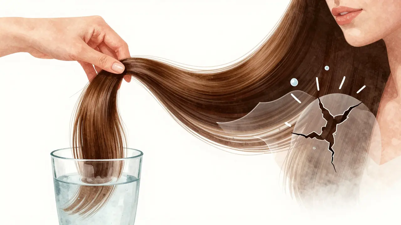 Ruka drží vlas nad vodou, s abstraktními vrstvami představujícími různé typy poréznosti vlasů.