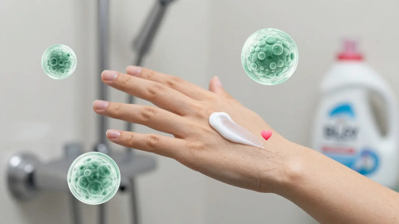 Ruka nanáší krém na suchou kůži s mikroskopickými prvky hydratace.