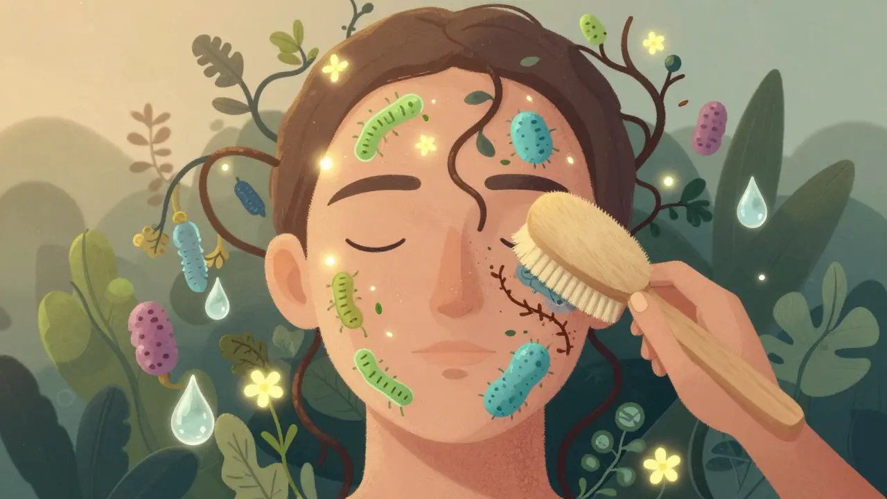 Symbolická představa zdravého mikrobiomu pleti jako klidné zahrady.