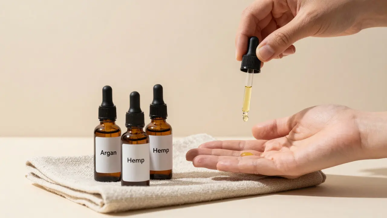 Tři čisté rostlinné oleje v kapkových lahvičkách na lněné utěrce.