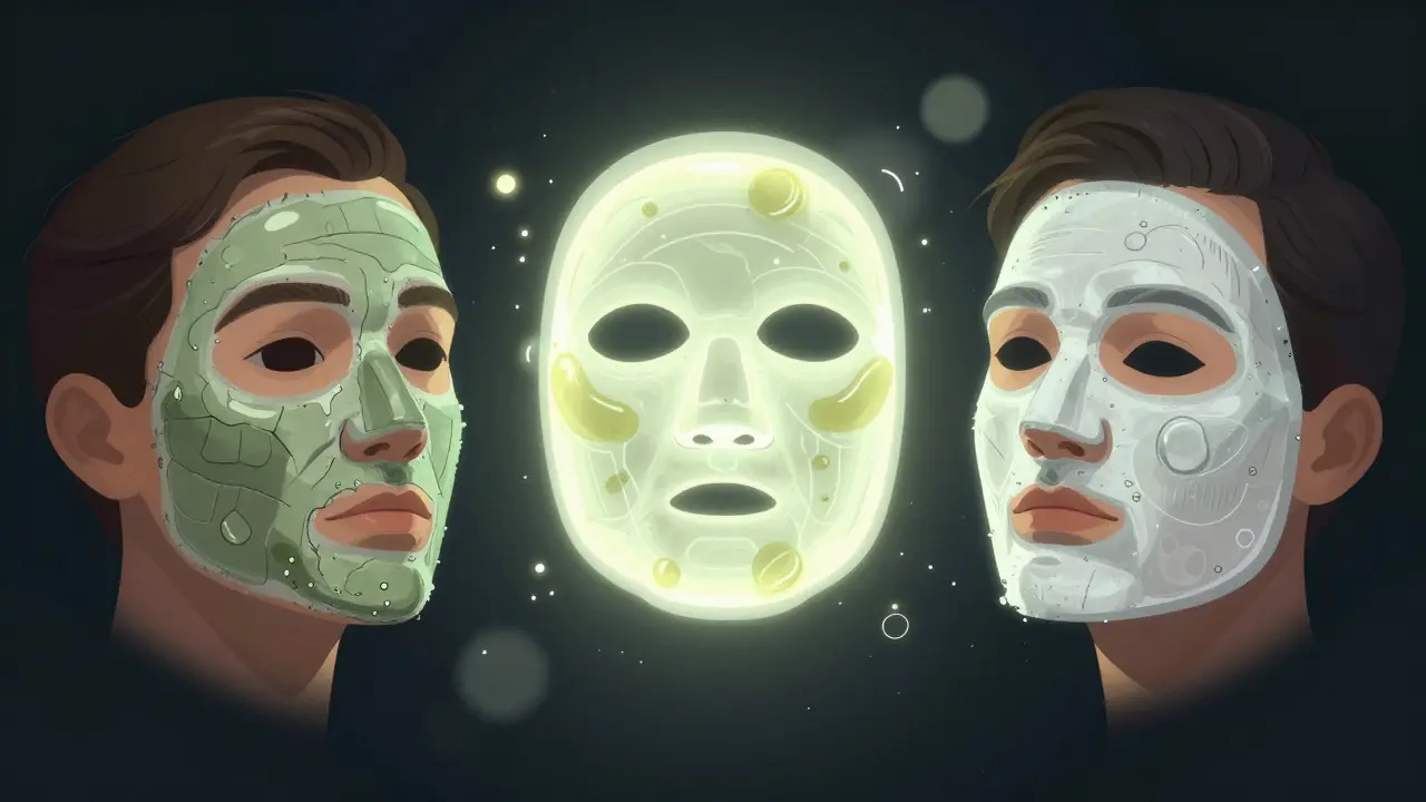 Tři typy facialních mask vznášejí se nad obličejem, znázorňující různé účinky.