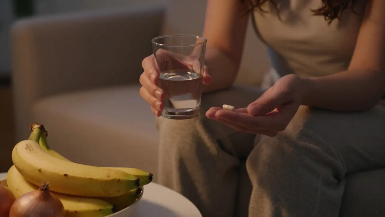 Večerní příjem probiotik s prebiotickými potravinami jako banány a cibulí.