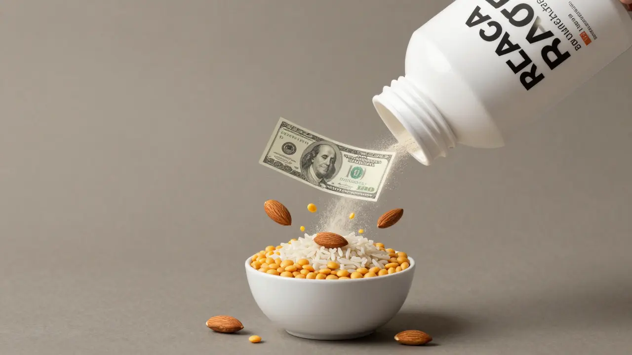 Velká lahvička BCAA nad malou miskou čočky, rýže a oříšků, symbolizující zbytečné náklady.