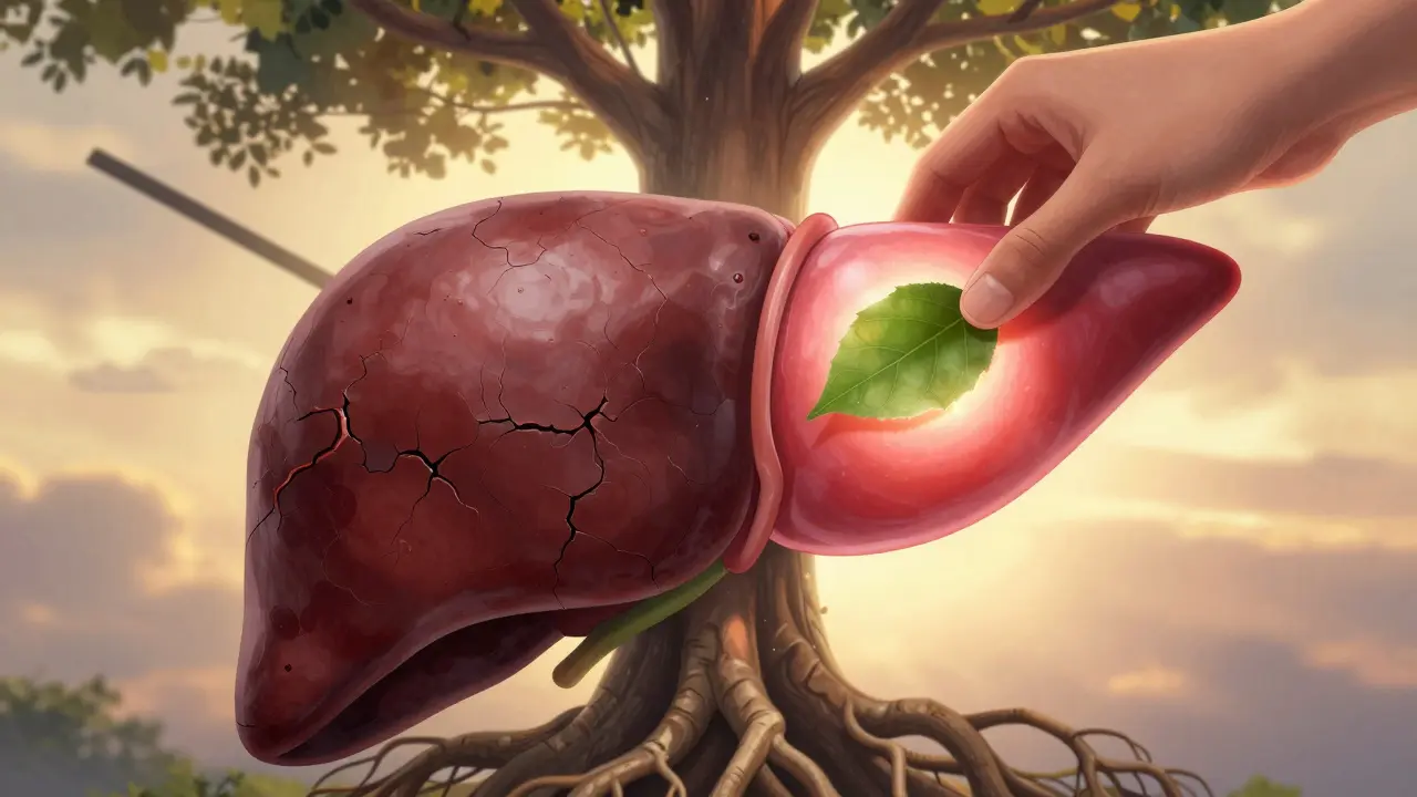 Zdravá játra se pomalu obnovují z poškozeného orgánu, symbolicky podporovaná listem.