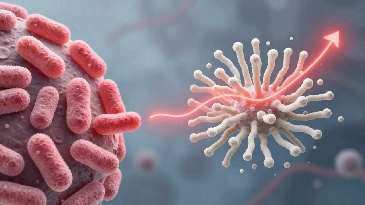 Zdravá mikroflóra vpravo přechází v agresivní růst kvasinek vlevo.