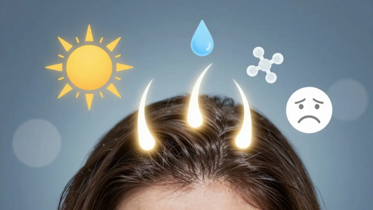 Zdravá pokožka hlavy s symboly vlivů na poréznost: slunce, chlor, bílkoviny a stres.