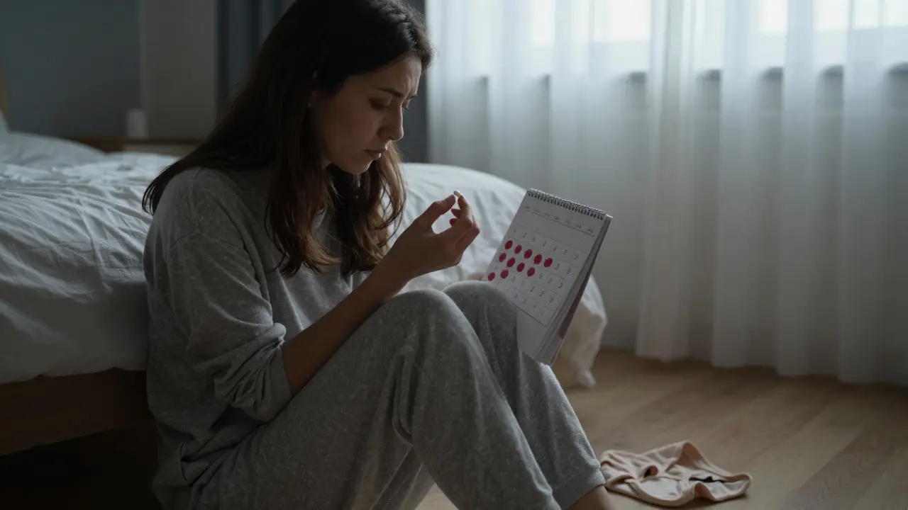 Žena drží probiotikum a dívá se na kalendář s opakujícími se infekcemi.