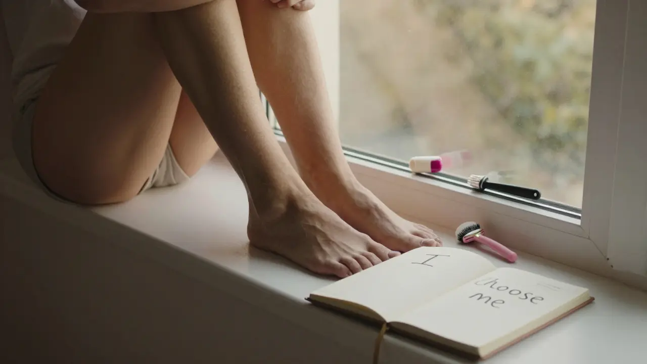 Žena sedí na okně s přirozeným vlasovým pokrýváním, nástroje na depilaci jsou nevyužité.