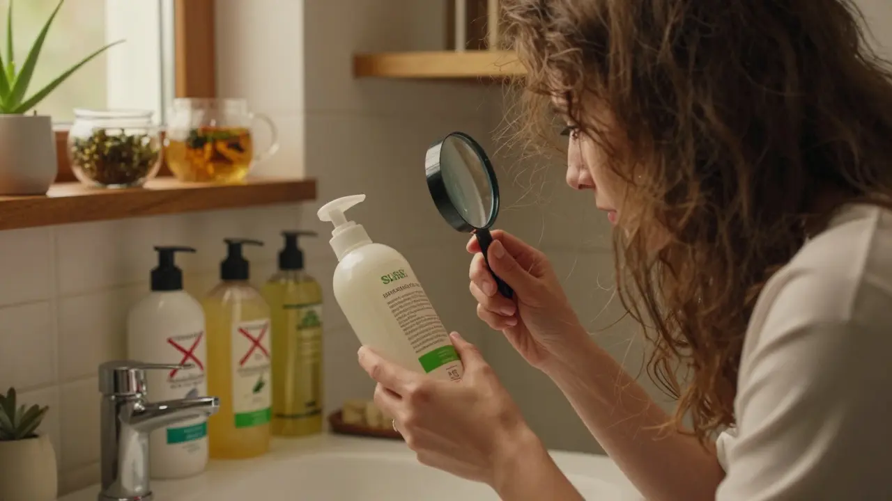 Žena zkoumá složení šamponu v koupelně, vedle ní jsou zakázané látky a přírodní složky.