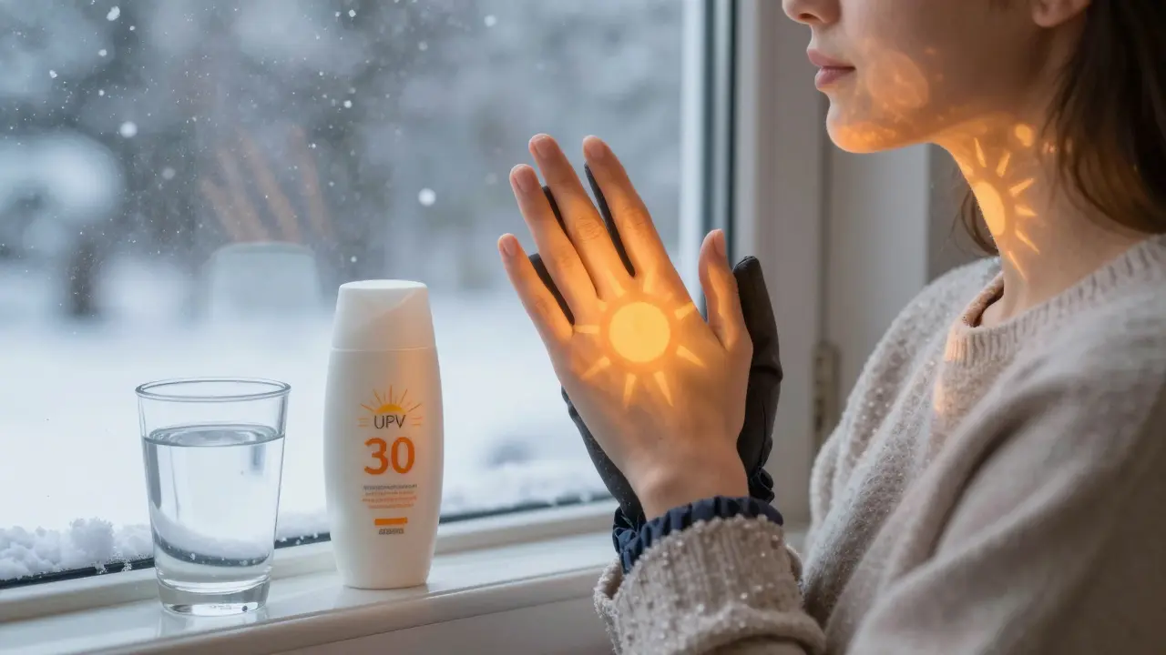 Zimní scéna s ochranou pokožky proti UV záření a suchosti.