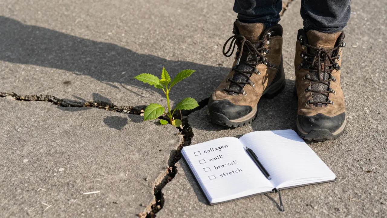 Znovuobnovená cesta symbolizovaná botami a rostlinou rostoucí z štěrbin, s denním plánem.