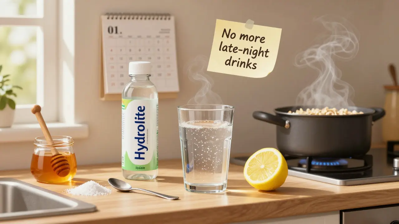 Domácí elektrolytový nápoj s solí, medem a citronem připravovaný v kuchyni.